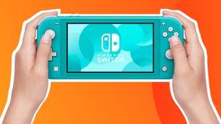 Nintendo Switch Lite prices: A product shot of the Nintendo Switch Lite on a colourful orange background