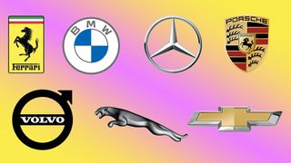 Seven of the best car logos: the logos of Ferrari, BMW, Mercedes, Porsche, Volvo, Jaguar and Chevrolet on a yellow and pink gradient background